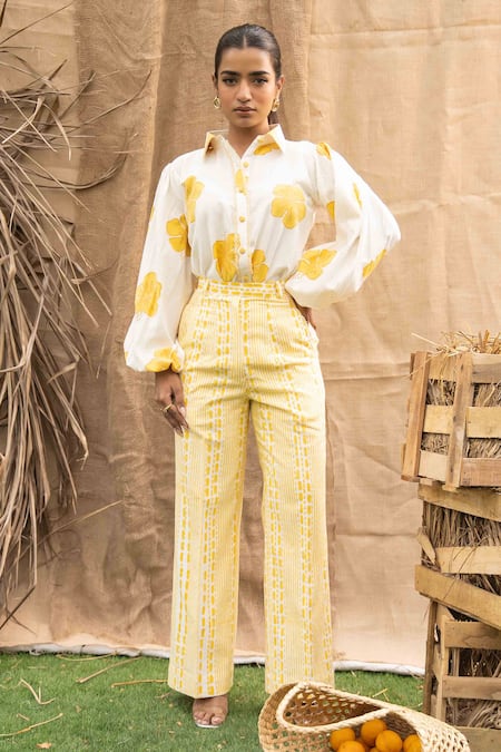 Kalakaari By Sagarika_White Cotton Embroidery Collared Butter Yellow Floral Print Pant Set _at_Aza_Fashions