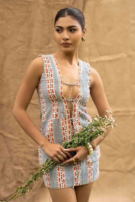 Kalakaari By Sagarika Blue Cotton V-, Open Designer Eleanor Skirt Set Online at Aza Fashions Kalakaari By Sagarika_Blue Cotton V-, Open Designer Eleanor Skirt Set _Online_at_Aza_Fashions