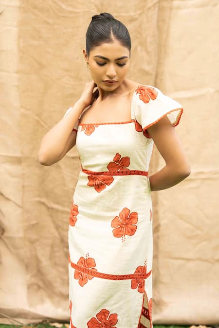 Kalakaari By Sagarika_Orange Cotton Embroidery Square Neck Floral Midi Dress _Online_at_Aza_Fashions