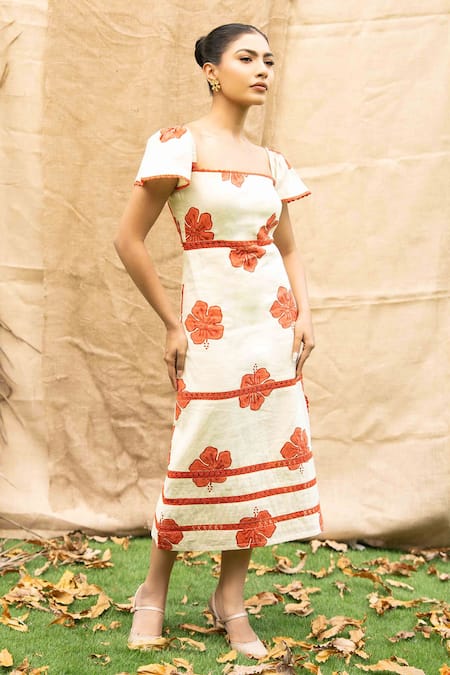 Shop_Kalakaari By Sagarika_Orange Cotton Embroidery Square Neck Floral Midi Dress _Online_at_Aza_Fashions