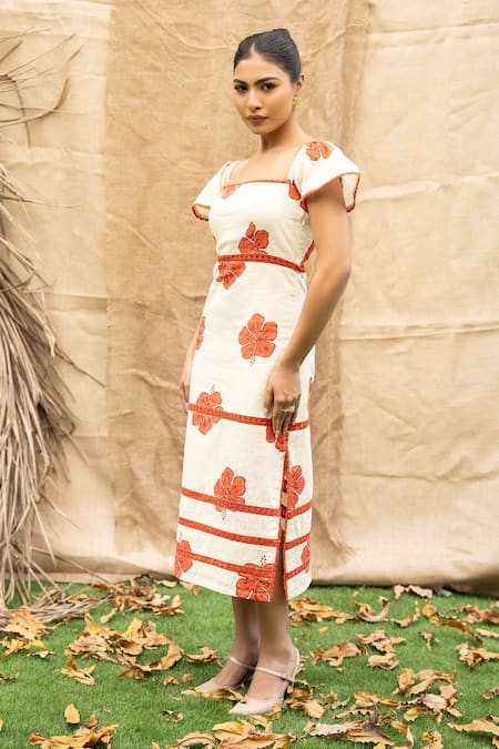 Kalakaari By Sagarika_Orange Cotton Embroidery Square Neck Floral Midi Dress _at_Aza_Fashions