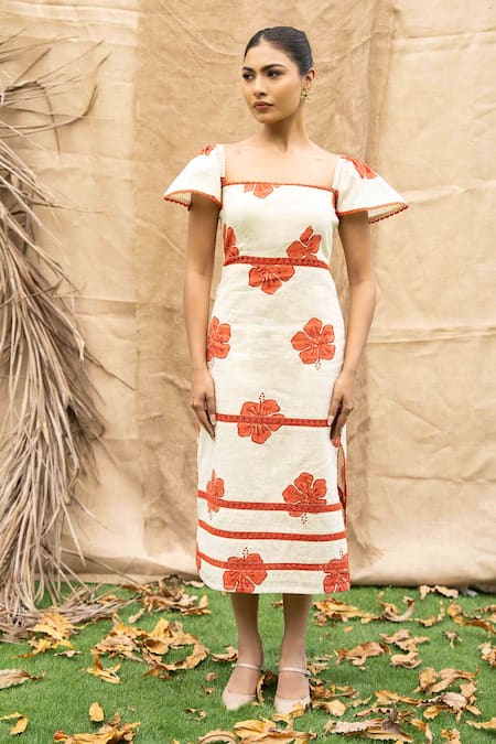 Shop_Kalakaari By Sagarika_Orange Cotton Embroidery Square Neck Floral Midi Dress 