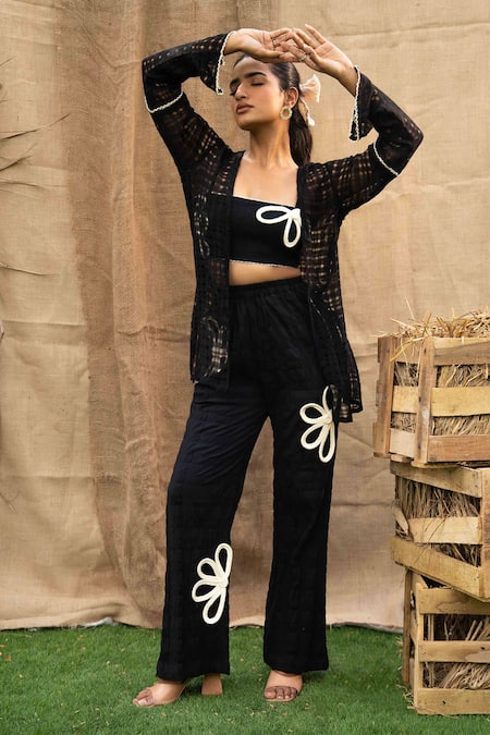Kalakaari By Sagarika Black Cotton Embroidery Square , Open Floral Pant Set 