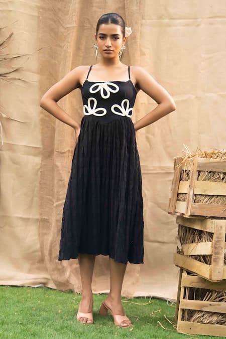 Kalakaari By Sagarika Black Cotton Embroidery Square Neck Midi Dress With at Aza Fashions Kalakaari By Sagarika_Black Cotton Embroidery Square Neck Midi Dress With _at_Aza_Fashions