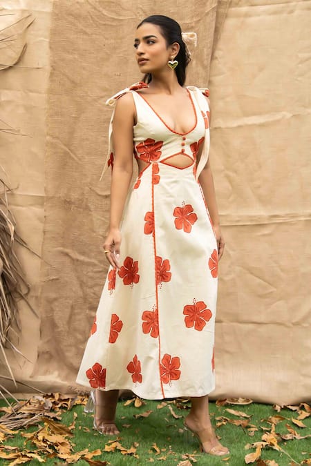 Kalakaari By Sagarika_Orange Cotton Embroidery V-neck Floral Midi Dress _Online_at_Aza_Fashions