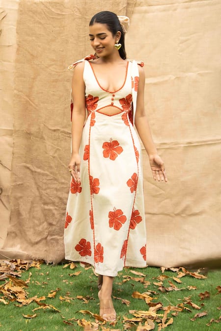 Buy_Kalakaari By Sagarika_Orange Cotton Embroidery V-neck Floral Midi Dress _Online_at_Aza_Fashions