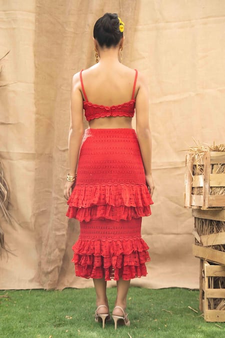 Kalakaari By Sagarika Red Ruffled Skirt & Top Set 