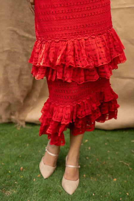 Buy_Kalakaari By Sagarika_Red Cotton Ruffles Round Neck Skirt And Top Set _Online_at_Aza_Fashions