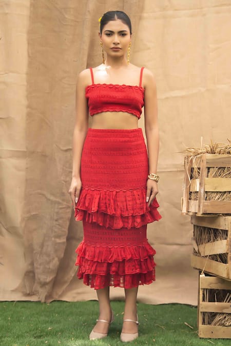 Shop_Kalakaari By Sagarika_Red Cotton Ruffles Round Neck Skirt And Top Set _Online_at_Aza_Fashions