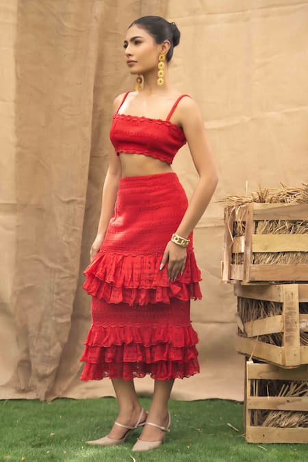Kalakaari By Sagarika_Red Cotton Ruffles Round Neck Skirt And Top Set _at_Aza_Fashions