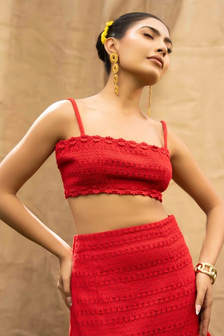 Buy_Kalakaari By Sagarika_Red Cotton Ruffles Round Neck Skirt And Top Set 