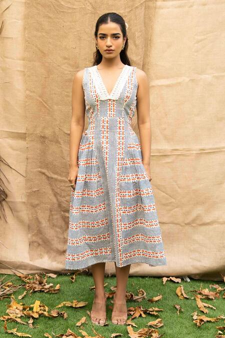 Kalakaari By Sagarika Blue Cotton Embroidery V-neck Midi Dress With Printed Details Online at Aza Fashions Kalakaari By Sagarika_Blue Cotton Embroidery V-neck Midi Dress With Printed Details _Online_at_Aza_Fashions