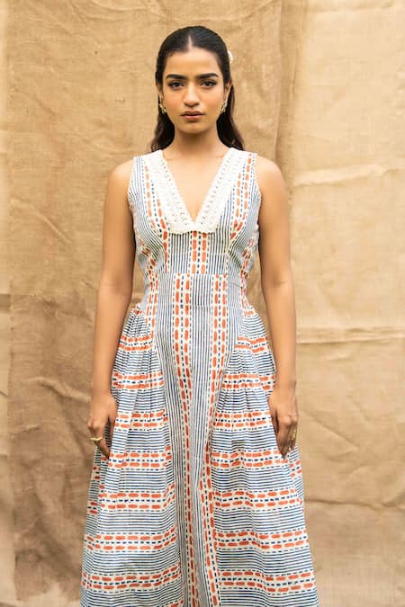 Shop Kalakaari By Sagarika Blue Cotton Embroidery V-neck Midi Dress With Printed Details Online at Aza Fashions Shop_Kalakaari By Sagarika_Blue Cotton Embroidery V-neck Midi Dress With Printed Details _Online_at_Aza_Fashions