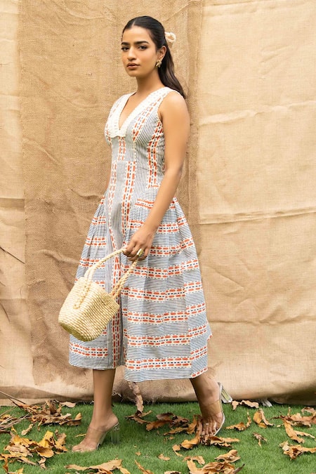 Kalakaari By Sagarika Blue Cotton Embroidery V-neck Midi Dress With Printed Details at Aza Fashions Kalakaari By Sagarika_Blue Cotton Embroidery V-neck Midi Dress With Printed Details _at_Aza_Fashions