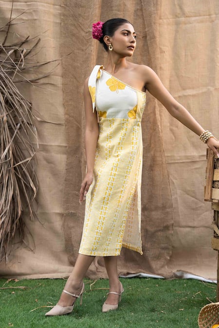 Shop Kalakaari By Sagarika Yellow Cotton Asymmetric Butter Midi Dress Online at Aza Fashions Shop_Kalakaari By Sagarika_Yellow Cotton Asymmetric Butter Midi Dress _Online_at_Aza_Fashions