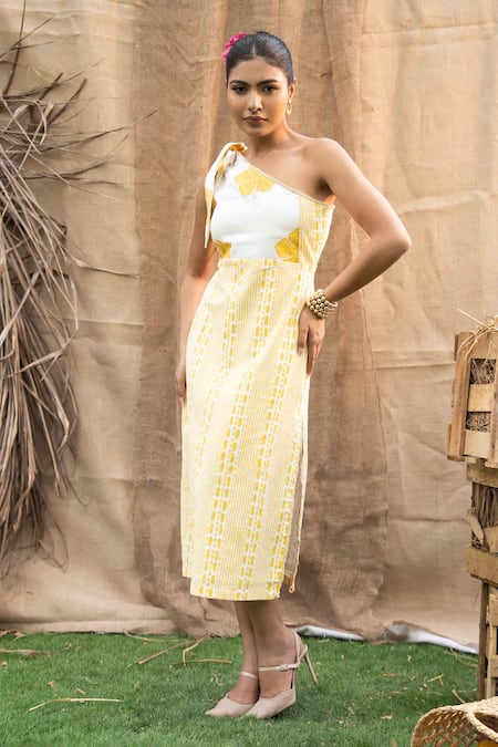 Kalakaari By Sagarika Yellow Cotton Asymmetric Butter Midi Dress at Aza Fashions Kalakaari By Sagarika_Yellow Cotton Asymmetric Butter Midi Dress _at_Aza_Fashions
