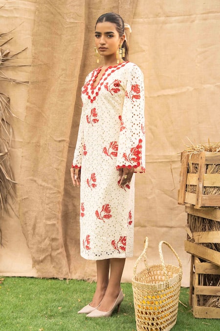 Shop_Kalakaari By Sagarika_Red Cotton Embroidery V-neck Floral Midi Dress _Online_at_Aza_Fashions