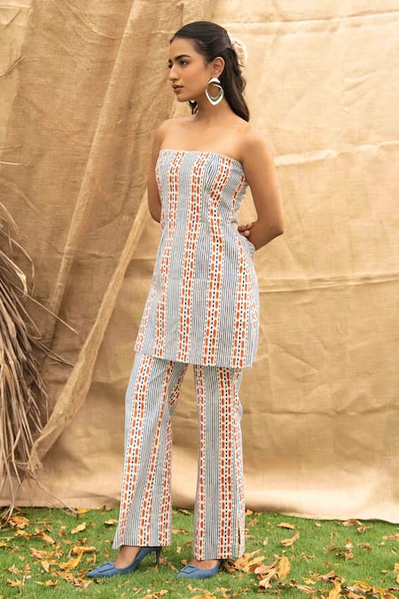 Buy_Kalakaari By Sagarika_Multi Color Cotton Open Neck Designer Striped Top And Pant Set 