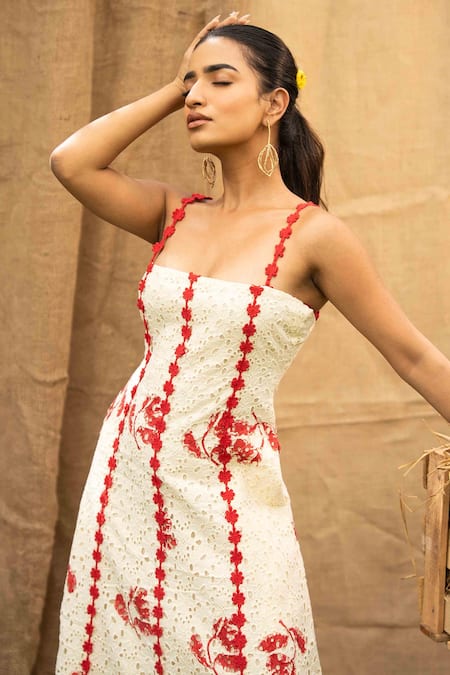 Kalakaari By Sagarika Off White Cotton Embroidery Square Neck Red Floral Maxi Dress Online at Aza Fashions Kalakaari By Sagarika_Off White Cotton Embroidery Square Neck Red Floral Maxi Dress _Online_at_Aza_Fashions