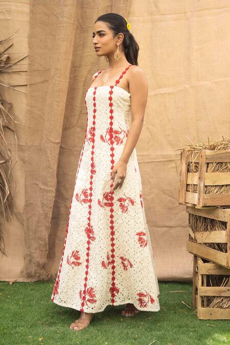 Shop Kalakaari By Sagarika Off White Cotton Embroidery Square Neck Red Floral Maxi Dress Online at Aza Fashions Shop_Kalakaari By Sagarika_Off White Cotton Embroidery Square Neck Red Floral Maxi Dress _Online_at_Aza_Fashions