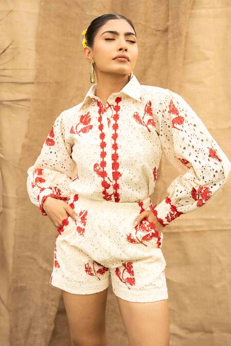 Buy_Kalakaari By Sagarika_Red Cotton Embroidery Collared Floral Shirt And Shorts Set _Online_at_Aza_Fashions