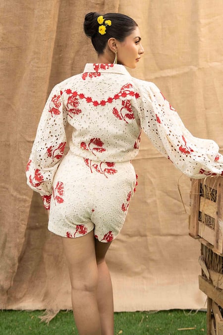 Kalakaari By Sagarika Red Floral Embroidered Shirt & Shorts Set 