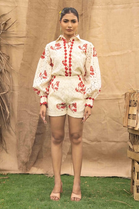 Shop_Kalakaari By Sagarika_Red Cotton Embroidery Collared Floral Shirt And Shorts Set _Online_at_Aza_Fashions