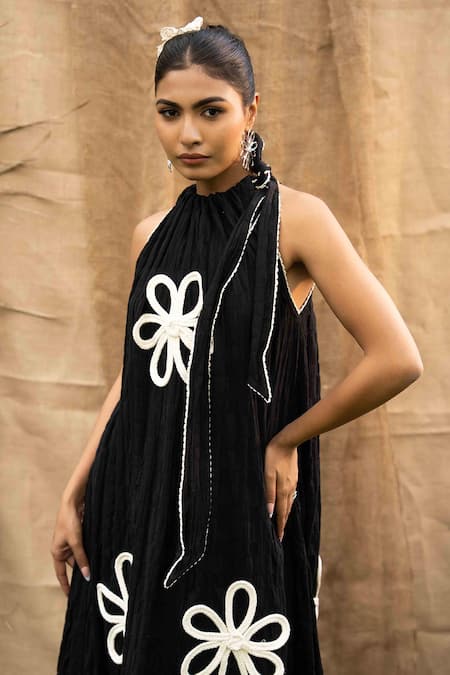 Kalakaari By Sagarika_Black Cotton Halter Neck Maxi Dress With Floral Embroidery _Online_at_Aza_Fashions