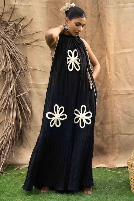Shop_Kalakaari By Sagarika_Black Cotton Halter Neck Maxi Dress With Floral Embroidery _Online_at_Aza_Fashions