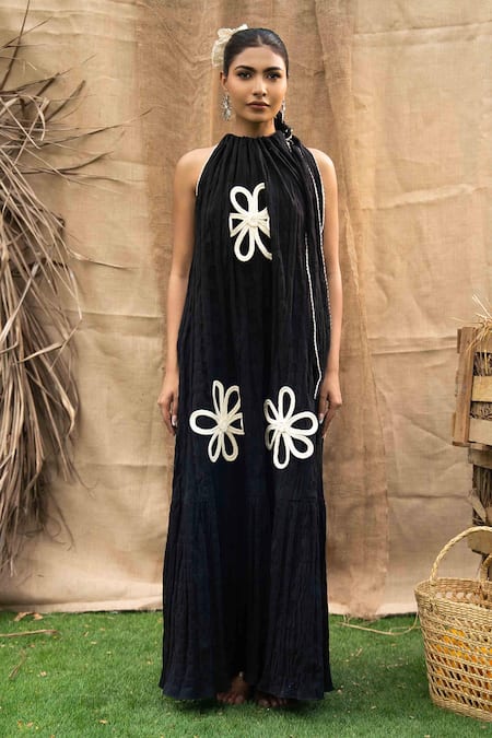 Kalakaari By Sagarika_Black Cotton Halter Neck Maxi Dress With Floral Embroidery _at_Aza_Fashions