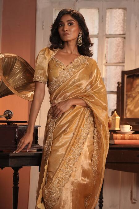 Midushi Bajoria_Gold Silk, Tissue Embroidery Sweetheart Neck Classic Saree _at_Aza_Fashions
