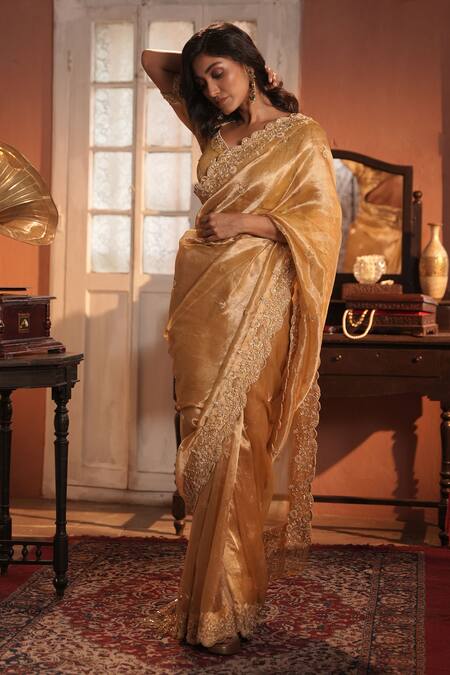 Shop_Midushi Bajoria_Gold Silk, Tissue Embroidery Sweetheart Neck Classic Saree 