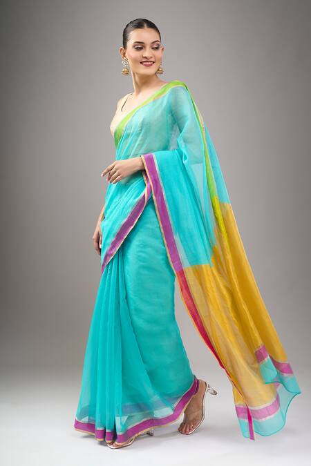 Mint N Oranges_Blue Chanderi Handwoven Saree Set _Online_at_Aza_Fashions