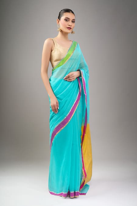 Buy_Mint N Oranges_Blue Chanderi Handwoven Saree Set _Online_at_Aza_Fashions