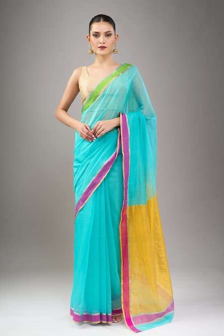 Mint N Oranges Blue Chanderi Handwoven Saree Set 