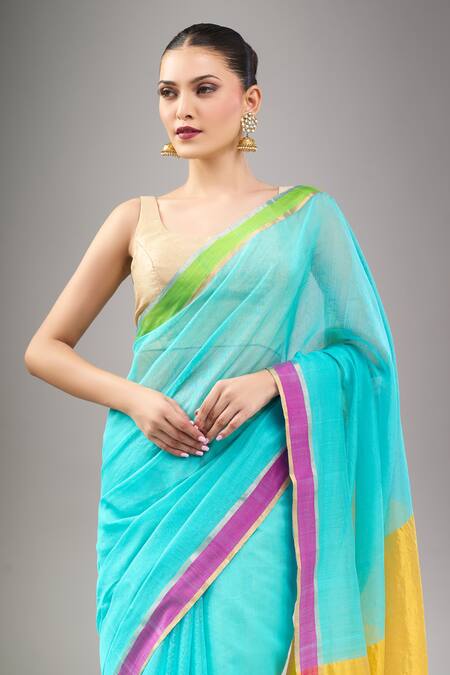 Shop_Mint N Oranges_Blue Chanderi Handwoven Saree Set _Online_at_Aza_Fashions