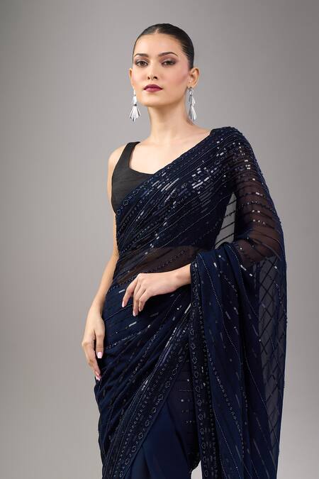 Mint N Oranges_Blue Georgette Sequins Designer Pure Saree_Online_at_Aza_Fashions