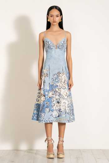 RANNA GILL_Sky Blue Viscose, Linen V-neck Aria Pleated Midi Dress_Online_at_Aza_Fashions