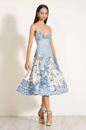 Shop_RANNA GILL_Sky Blue Viscose, Linen V-neck Aria Pleated Midi Dress_Online_at_Aza_Fashions