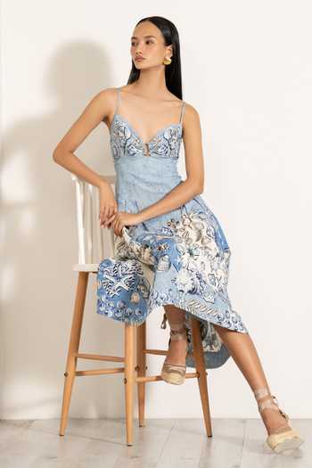 Buy_RANNA GILL_Sky Blue Viscose, Linen V-neck Aria Pleated Midi Dress_Online_at_Aza_Fashions
