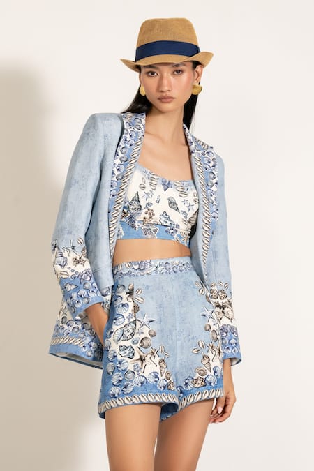 RANNA GILL Sky Blue Viscose, Linen Embroidery Collared Mira Knotch Jacket 