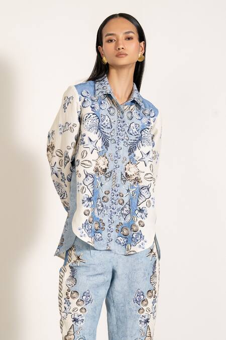 RANNA GILL_Sky Blue Viscose, Linen Collared Luna Button Down Shirt_Online_at_Aza_Fashions