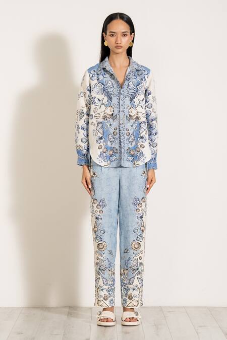 Buy_RANNA GILL_Sky Blue Viscose, Linen Collared Luna Button Down Shirt_Online_at_Aza_Fashions