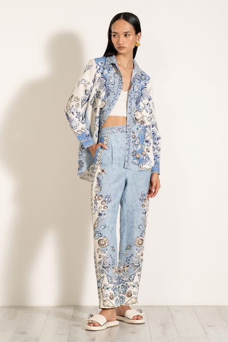 RANNA GILL Sky Blue Viscose, Linen Collared Luna Button Down Shirt 