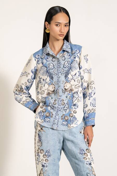 Shop_RANNA GILL_Sky Blue Viscose, Linen Collared Luna Button Down Shirt_Online_at_Aza_Fashions