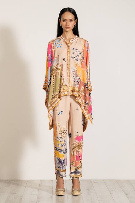 RANNA GILL Multi Color Satin Embroidery Mandarin Collar Multi-color Blend Kaftan Set Online at Aza Fashions RANNA GILL_Multi Color Satin Embroidery Mandarin Collar Multi-color Blend Kaftan Set_Online_at_Aza_Fashions