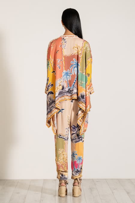 Shop RANNA GILL Multi Color Satin Embroidery Mandarin Collar Multi-color Blend Kaftan Set at Aza Fashions Shop_RANNA GILL_Multi Color Satin Embroidery Mandarin Collar Multi-color Blend Kaftan Set_at_Aza_Fashions