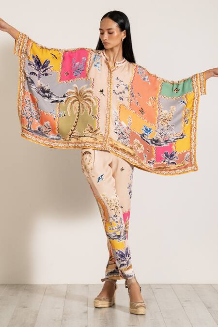RANNA GILL Multi Color Satin Embroidery Mandarin Collar Multi-color Blend Kaftan Set at Aza Fashions RANNA GILL_Multi Color Satin Embroidery Mandarin Collar Multi-color Blend Kaftan Set_at_Aza_Fashions