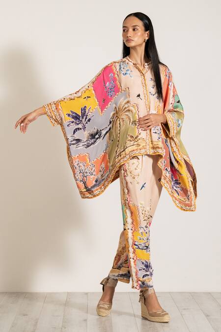 Buy RANNA GILL Multi Color Satin Embroidery Mandarin Collar Multi-color Blend Kaftan Set Buy_RANNA GILL_Multi Color Satin Embroidery Mandarin Collar Multi-color Blend Kaftan Set