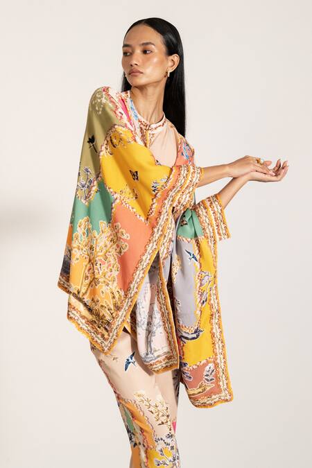 Shop RANNA GILL Multi Color Satin Embroidery Mandarin Collar Multi-color Blend Kaftan Set Shop_RANNA GILL_Multi Color Satin Embroidery Mandarin Collar Multi-color Blend Kaftan Set